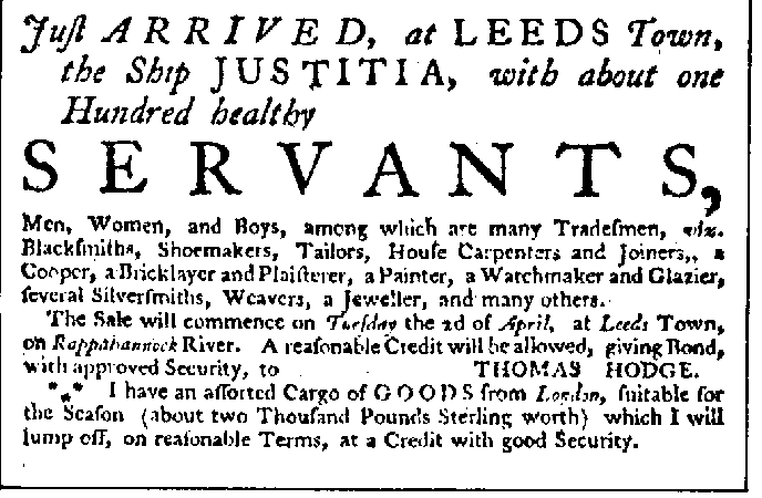 1771 Advertisement for Indentured Servants